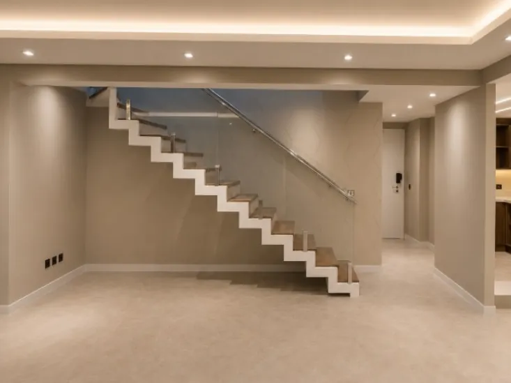 Escada com degraus iluminados, guarda-corpo de vidro e sanca com luz indireta